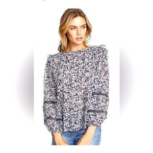 1. State Blue White Floral Pleated Ruffle Sheer Top Blouse Size Small